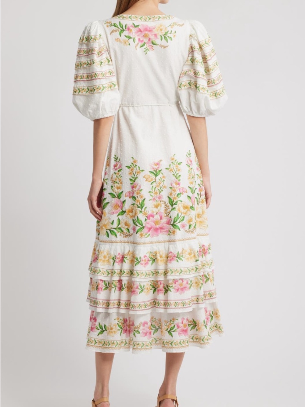 FARM Rio White Midi Wrap Dress with Pink & Yellow Floral Embroidery - Picture 2 of 9